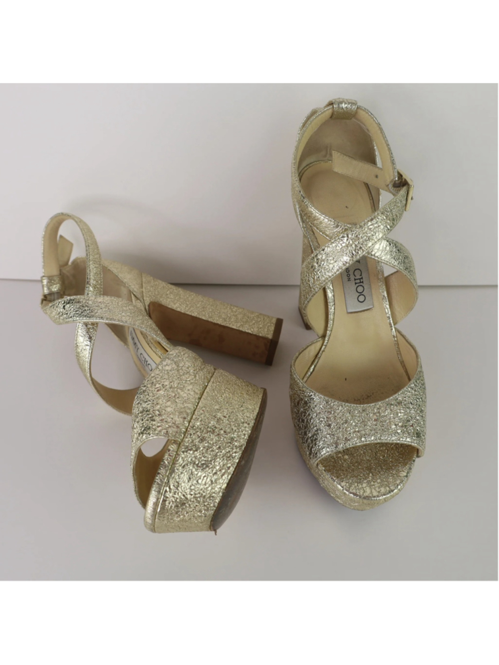 Jimmy Choo Gold Platform Heels EU 36.5 US 6.5 Metallic Leather Sandals 0483 - Picture 6 of 16